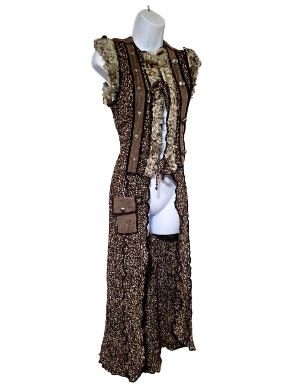 Zone Bleue Vintage Long Knit Cardigan Vest Brown Faux Fur Trim Small